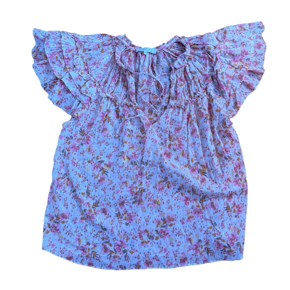 Olivacious Pink Floral Tie Neck Flutter Sleeve Top Whimsical Fairy Cottagecore